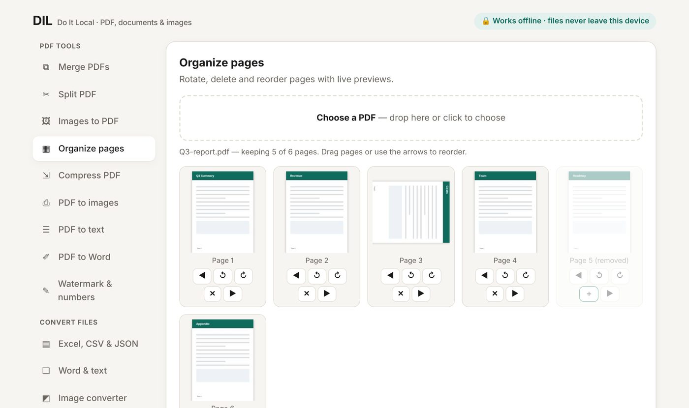 DIL organizing PDF pages with live previews